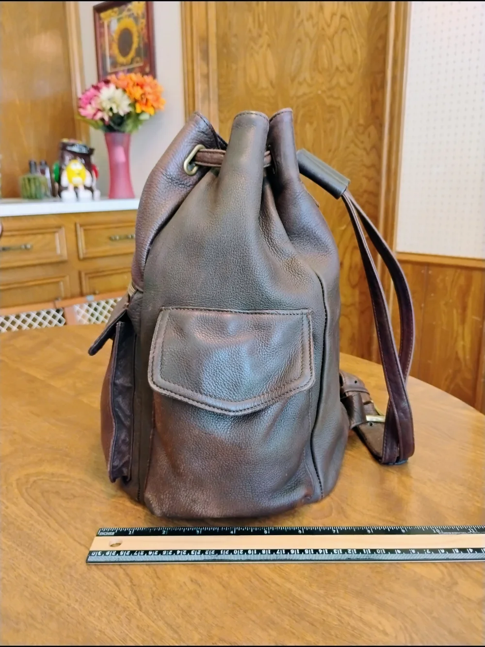 Fossil Dark Brown Pebble Grain Leather Drawstring Flap Bucket Backpack / Purse